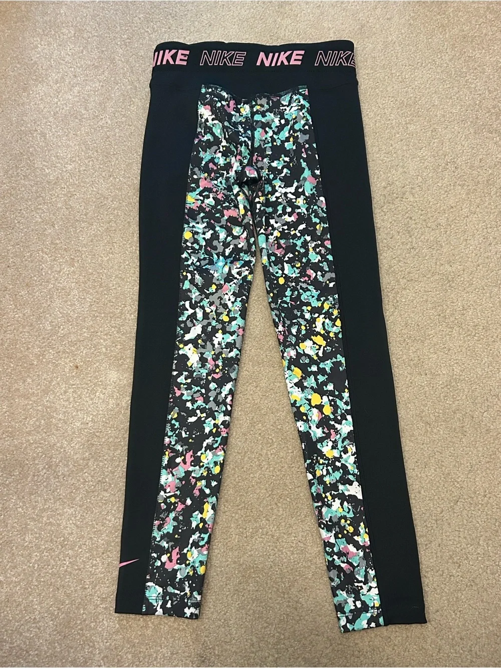 Nike Black Leggings with Multicolor Splash Print and Pink Logo